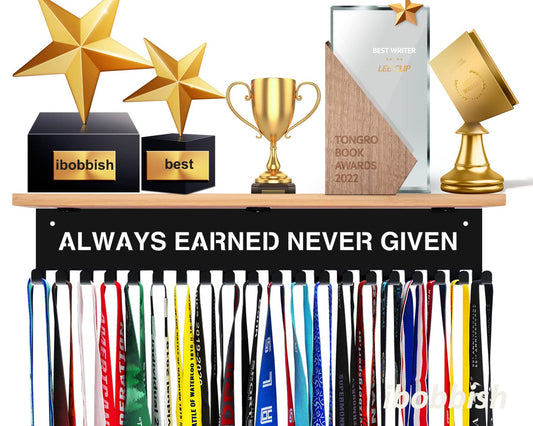 ALWAYS EARNED NEVER GIVEN Trophy and Medal Hanger Display Shelf,Soccer Trophy Shelf with 20 hooks for Medals,Sturdy Soccer Trophy Shelf in Black Metal Wall Mount Over big Medals Trophy Display Shelf