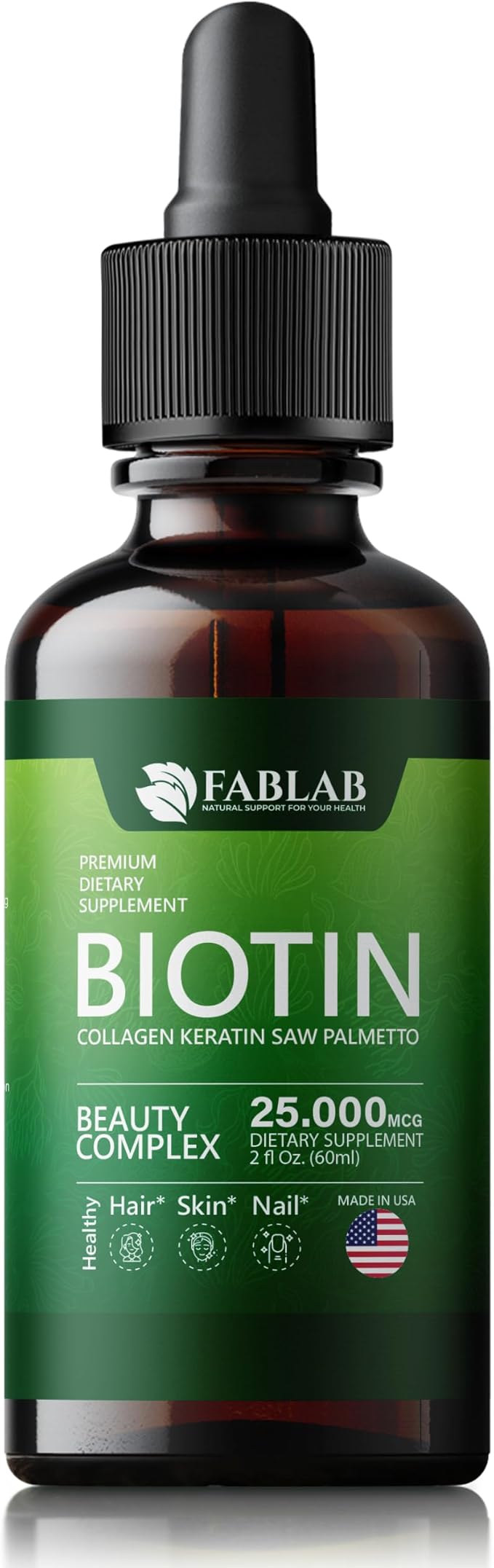 FabLab Biotin with Collagen, Keratin and Saw Palmett 25000msg Extract - Healthy Hair Skin & Nails for Adults, No Filler, No Stearate-Anti Aging Collagen Vitamins for Men & Women- 2 Fl Oz