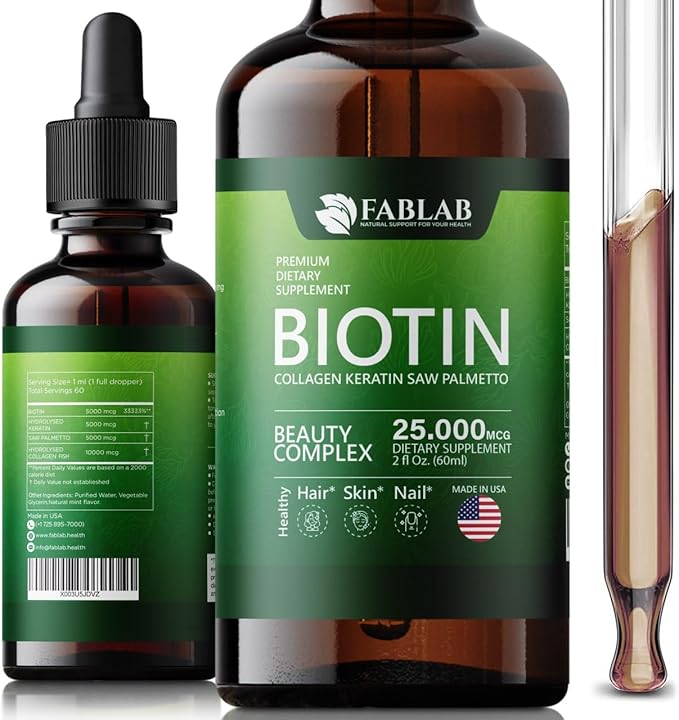 FabLab Biotin with Collagen, Keratin and Saw Palmett 25000msg Extract - Healthy Hair Skin & Nails for Adults, No Filler, No Stearate-Anti Aging Collagen Vitamins for Men & Women- 2 Fl Oz