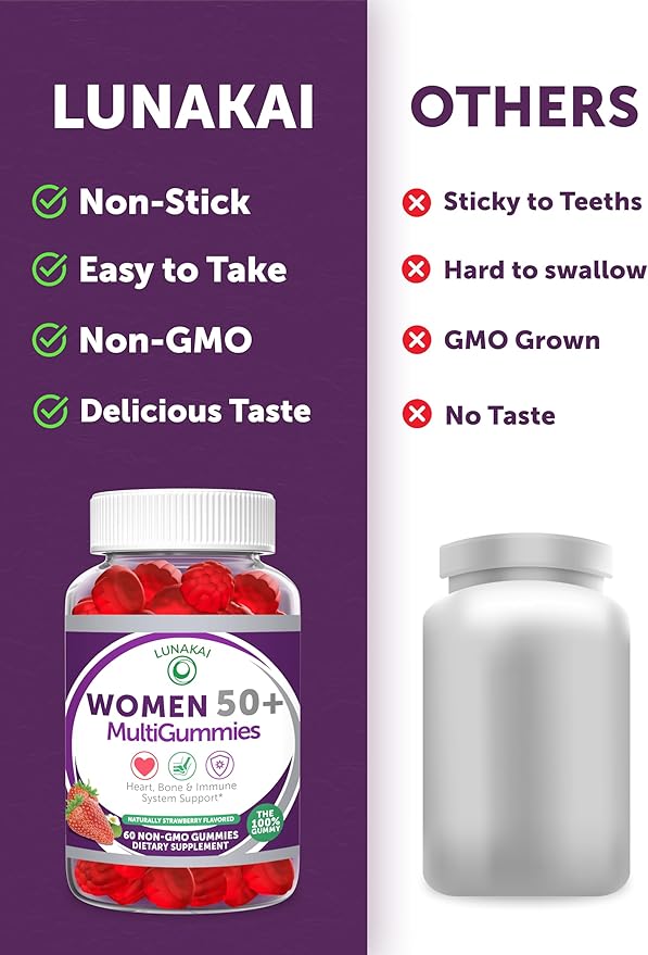 Lunakai USA Made 50 Plus Women's Multivitamin Gummies - Delicious Formula Enhanced with Essential Vitamins & Minerals for Health & Vitality - 60ct