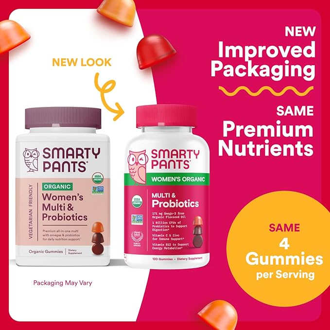SmartyPants Organic Women's Multivitamin Gummies: Biotin, Probiotics, Methylfolate, Omega 3 (ALA), Vitamin D3, C, Vitamin B12, B6, A, K & Zinc, Inositol, Gluten Free, 120 Count (30 Day Supply)