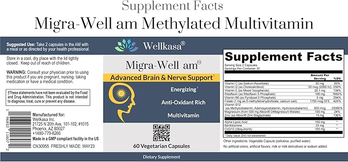 Migra-Well AM: Energizing Daily Methylated Multivitamin with Bioavailable Minerals & Antioxidants Supporting Brain & Nerve Heath for Women and Men - Without Iron (60 Capsules)