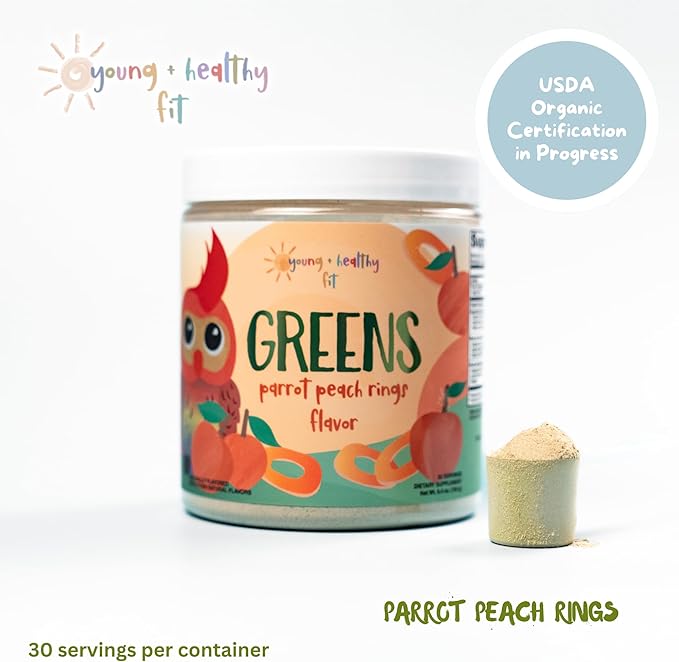 Kids Greens Powder, 30 Servings, Parrot Peach Ring, Superfood Drink Mix with Fiber for Digestive Health, Organic Fruits & Vegetables, Antioxidants, Real Food Ingredients, Ages 2+