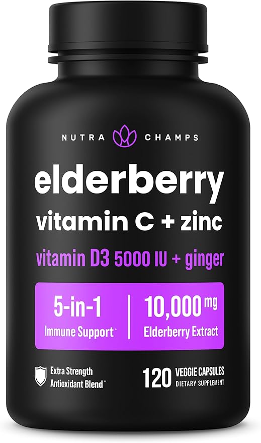 NutraChamps Elderberry Extract 120 Capsules, 10,000mg Sambucus Elderberry with Zinc and Vitamin C for Adults + Vitamin D3 5000 IU & Ginger, 5-in-1 Antioxidant Immune Support Supplement