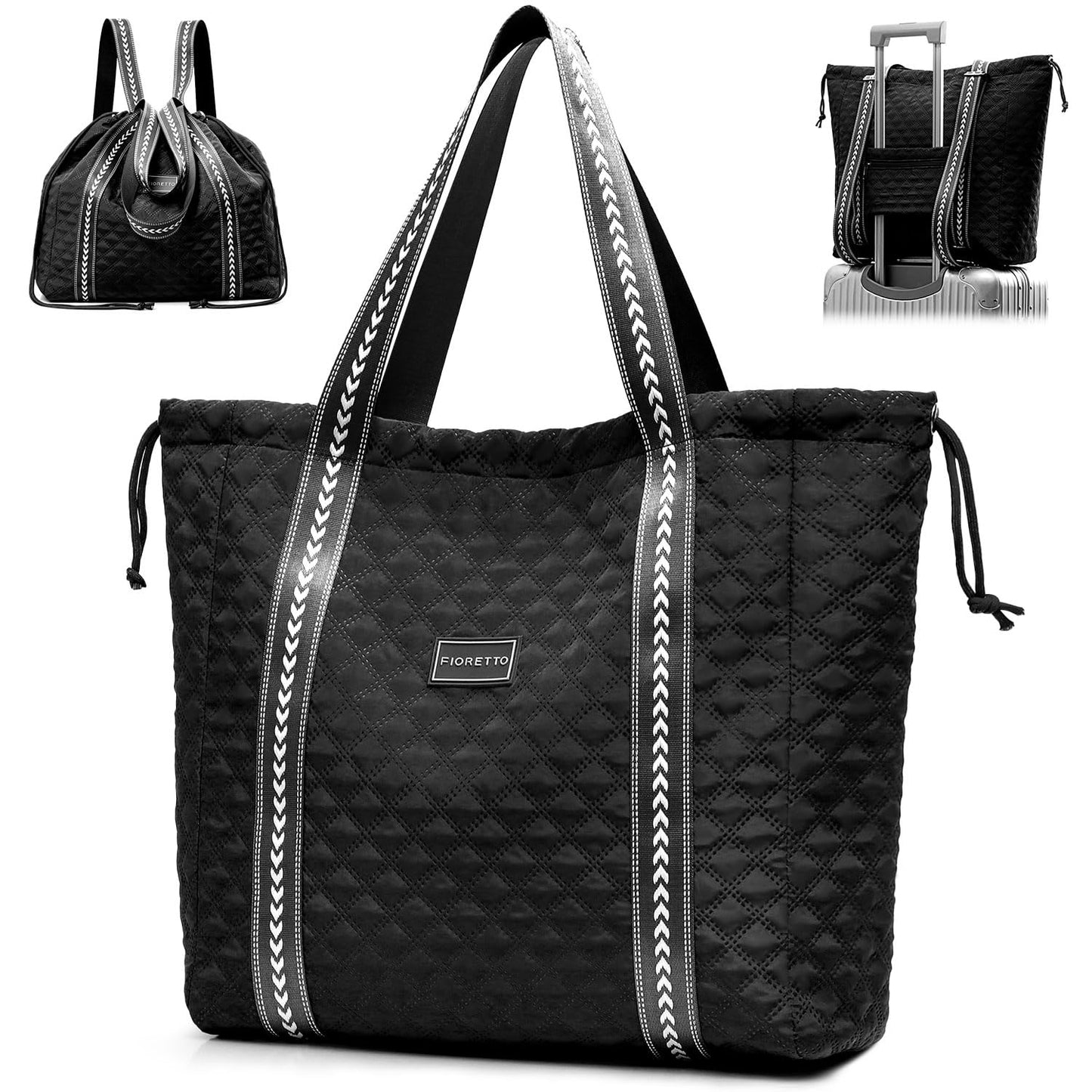 FIORETTO Womens Quilted Travel Tote Bag Duffle Bag with Trolley Sleeve, Gym Weekender Overnight Hospital Bag with Double Shoulder Strap, Water-Resistant Carry On Hand luggage Bag Holdall Black