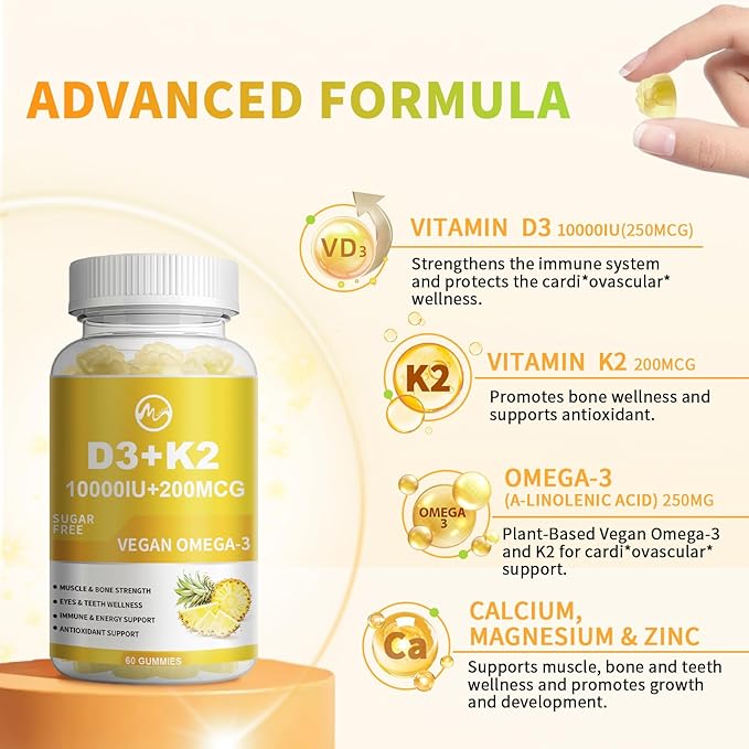 Vitamin D3 K2 Filled Gummies, Vitamin D3 10000IU, K2 (MK-7) 200mcg, Sugar Free K2 D3 Vitamin Supplement with Omega-3, Calcium, Magnesium, Zinc for Muscle, Bones & Immune Support, 1 Pack