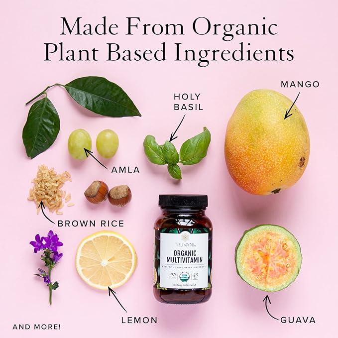 Truvani Daily Organic Multivitamin Supplement - Vegan, Non GMO Tablets with Iron & Biotin - Dairy, Soy, & Gluten Free - 30 Day Supply (90 Tablets)