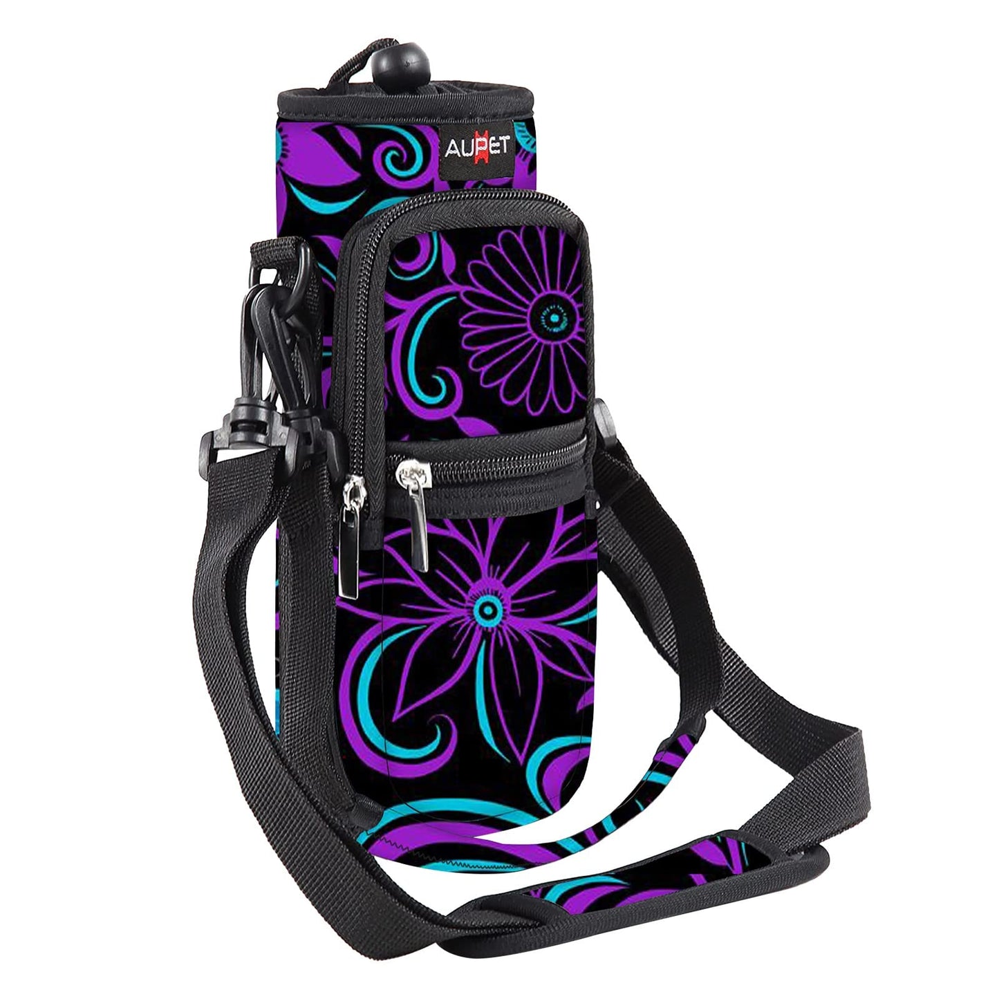 AUPET Water Bottle Holder Sling Carrier Bag Sleeve 25/32/40/64 oz,Insulated Crossbody Water Bottle Case Cover with Strap and Pockets for Men/Women Walking Hiking Camping (25oz,purple flower)