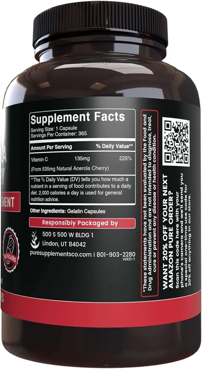 PURE ORIGINAL INGREDIENTS Acerola Cherry (365 Capsules) No Magnesium Or Rice Fillers, Always Pure, Lab Verified