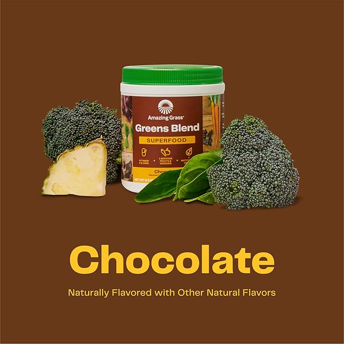 Amazing Grass Greens Superfood Powder: Greens Powder with Digestive Enzymes & Probiotics, Organic Spirulina, Chlorella, and Beet Root Powder, Chocolate, 100 Servings