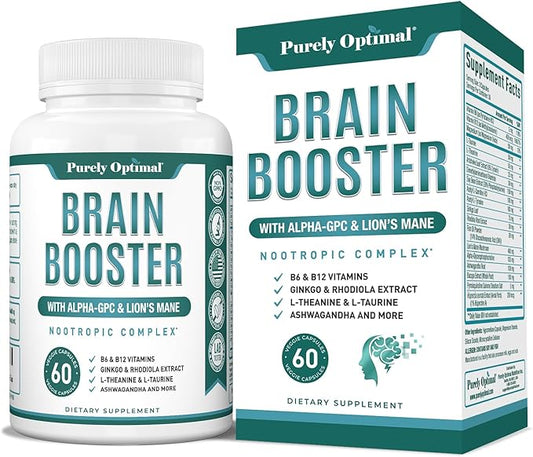 Purely Optimal Brain Supplement for Memory and Focus - Nootropic Support with Lion’s Mane, Alpha-GPC, Ginko Biloba, & Bacopa Monnieri - 60 Capsules