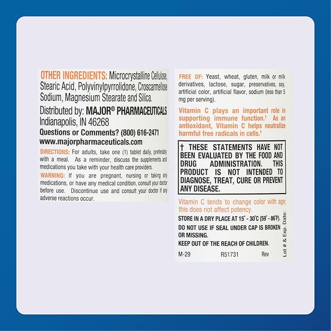 MAJOR Vitamin C-500 mg Ascorbic Acid - Vitamin C Tablets - Dietary Supplement - 100 Tablets