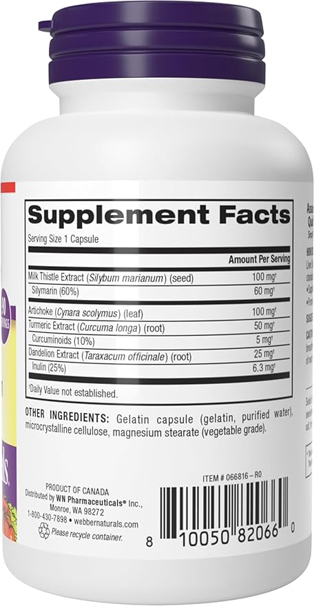 Webber Naturals Liver Detox & Cleanse with Silymarin Milk Thistle, Artichoke, Turmeric and Dandelion Extract, 90 Capsules, Herbal Supplement, Digestive Support, Dairy & Gluten Free