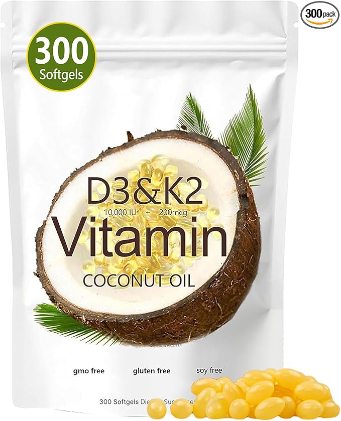 Vitamin D3 K2 Softgel, D3 K2 Vitamin 10000 IU, 10000 IU VIT D3 + 200 MCG Vitamin K2, Free of GMO, Gluten, Soy, Bone Health, Supports Calcium Absorption, 300 Gels