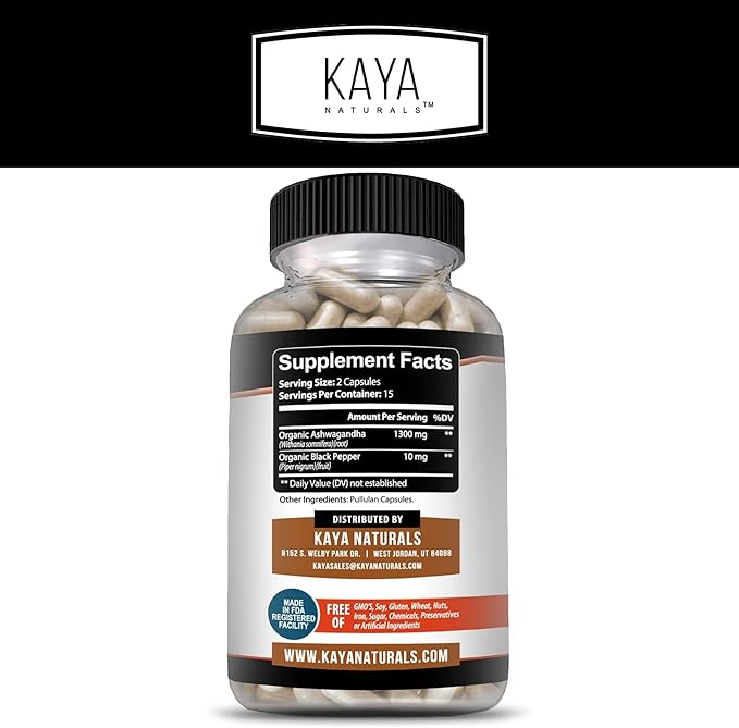 Kaya Naturals Ashwagandha Root with Black Pepper | Maximum Strength 1300mg Adaptogen Supplement, Support Adrenal, Glandular Health, Mood Relief, Focus, Energy & Vitality for Men & Women