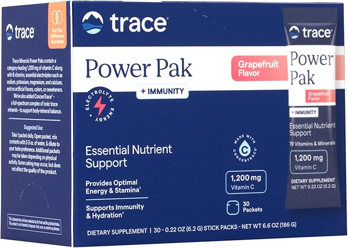 Trace Minerals | Power Pak Electrolyte + Immunity Boost Drink Packets | 1200 mg Vitamin C, Elderberry, Zinc, D3, B6, B12 | Immunity, Hydration, & Energy Support | Fizzy Grapefruit | 30 Packets