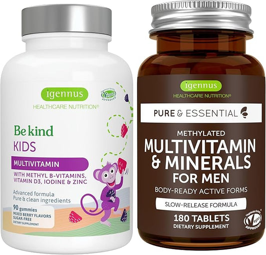 Methylated Kids Multivitamin Gummy + Methylated Men's Multivitamin Bundle, MTHFR Supplements with Active B-Vitamins, Clean Label, by Igennus