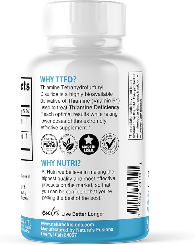 Nature's Fusions TTFD Thiamine B1 Supplement - 100mg 60 Servings - with 8mg Magnesium - No Toxic Fillers - TTFD Thiamine Tetrahydrofurfuryl Disulfide - Third Party Lab Tested - Nutri Supplements