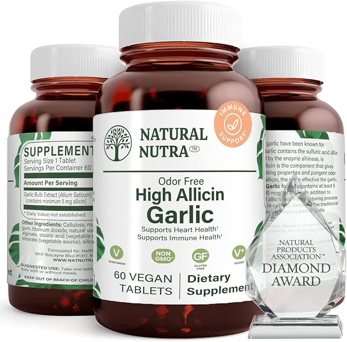 Natural Nutra High Allicin Garlic Supplement, Supports Immune System, Improve Heart Health, Improve Enzymes Health, Better Digestion, Fights Cold and Flu, Vanilla Coating, 500mg, 60 Vegan Tablets