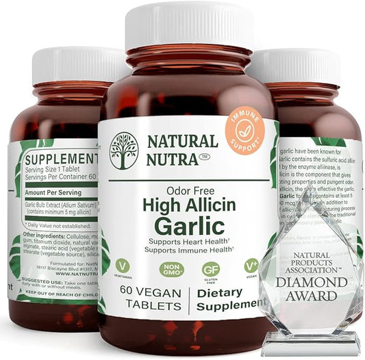 Natural Nutra High Allicin Garlic Supplement, Supports Immune System, Improve Heart Health, Improve Enzymes Health, Better Digestion, Fights Cold and Flu, Vanilla Coating, 500mg, 60 Vegan Tablets