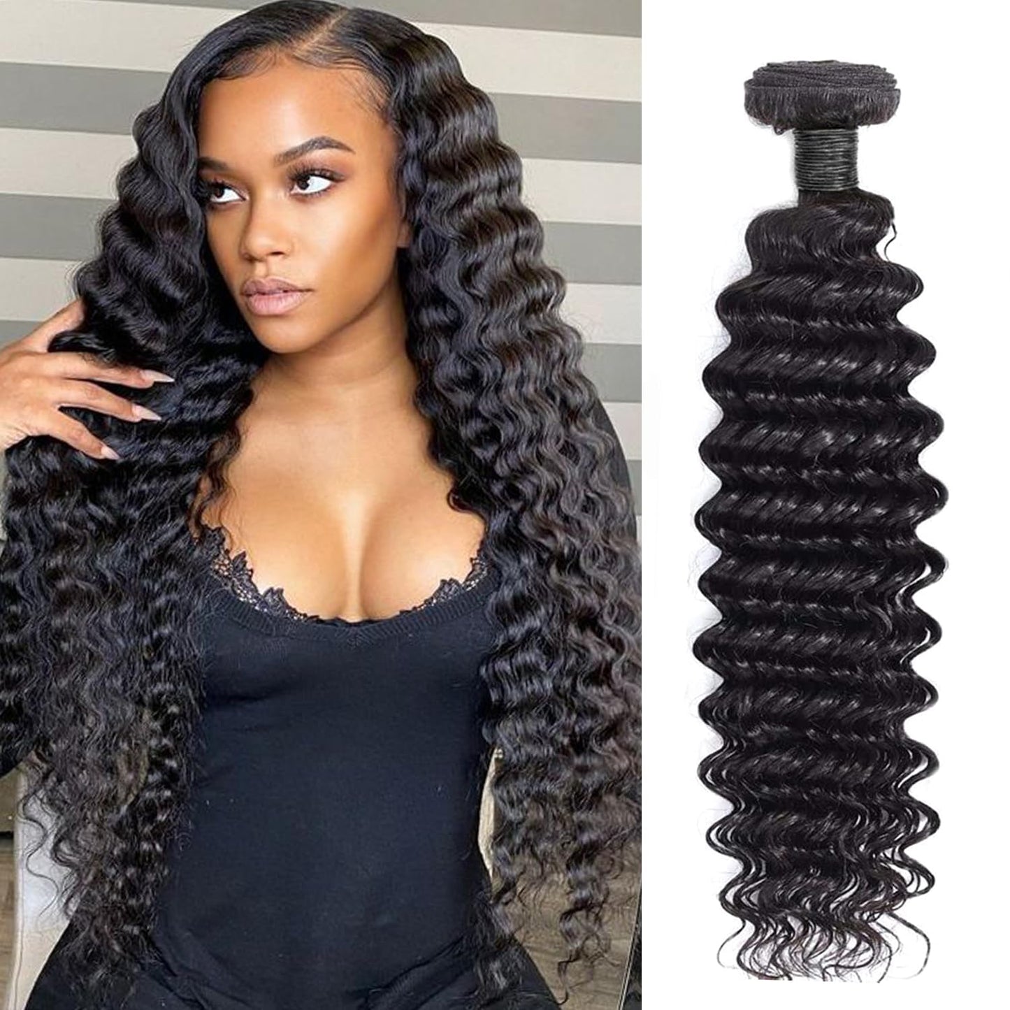 Deep Wave Bundles Human Hair Brazilian Virgin Hair Deep Wave One Weave Bundle 12A Grade Unprocessed Human Hair Extensions Natural Black 1 Bundle100g/pc (Deep Wave Bundles Human Hair, 12)