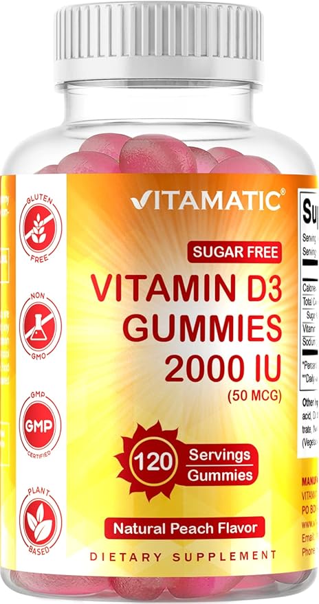 Vitamatic Sugar Free Vitamin D3 2000 IU - 120 Pectin Based Gummies - Great Taste - Healthy Bones, Mood & Immune System Function - Non-GMO - 120 Servings