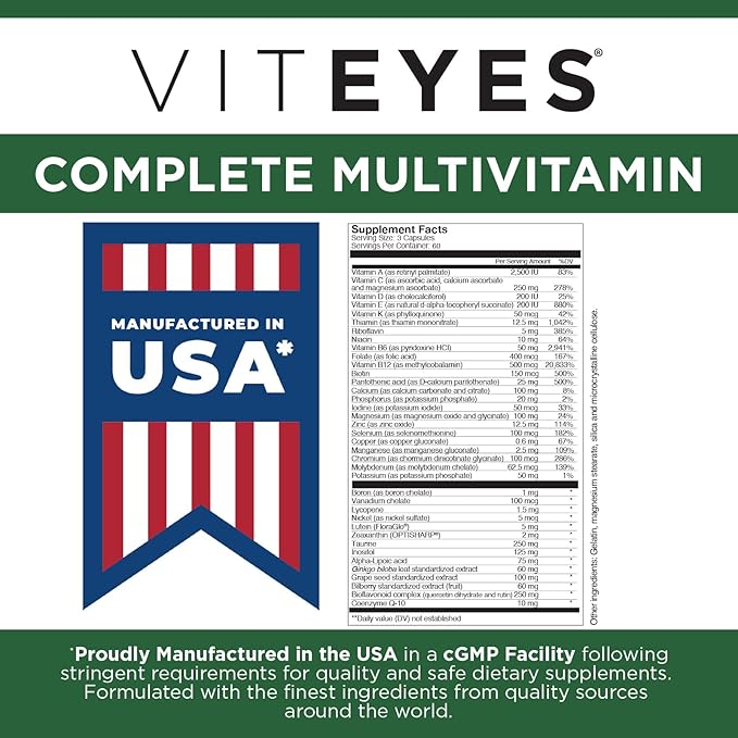 Viteyes Complete Eye & Total Body Health Multivitamin Nutritional Supplement, 180 Capsules, White