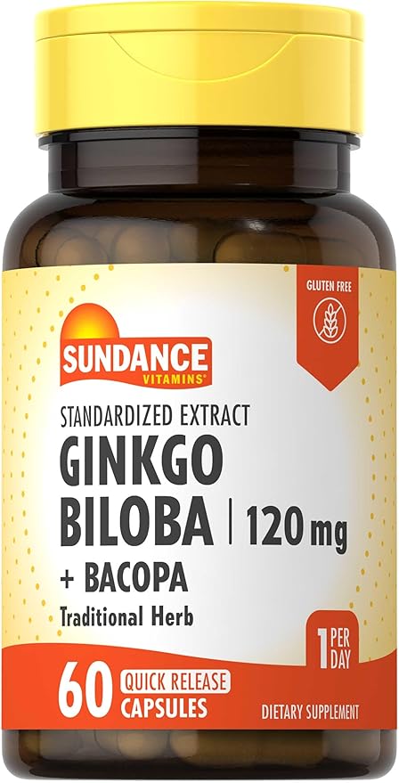 Sundance Ginkgo Biloba Capsules | 120mg | Standardized Extract with Bacopa | Gluten Free Traditional Herb Supplement