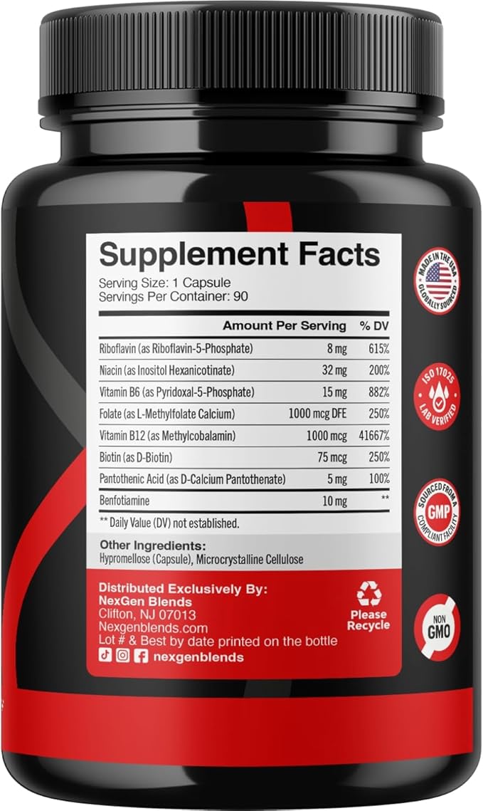 Methylated B Complex Vitamin Supplement - Bioactive Methyl B Complex with 5-MTHF Methyl Folate & B12 Methylcobalamin for Brain Heart Energy & Homocysteine Support - Super Vitamin B Complex - 90 Caps
