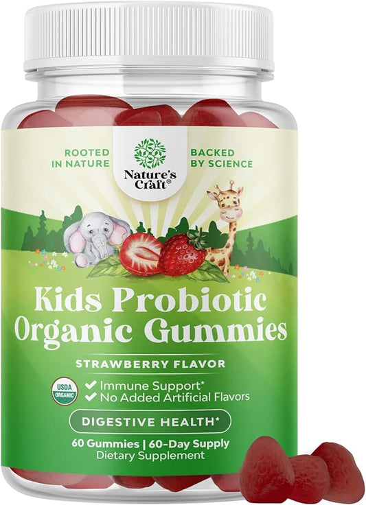 USDA Organic Kids Probiotic Gummies - Gut Bacteria Probiotics for Digestive Health & Stomach Relief - Gentle 2.5B CFU Kids Immune Support & Gut Heath Supplement - Vegan & Non-GMO Chews - 60 Count