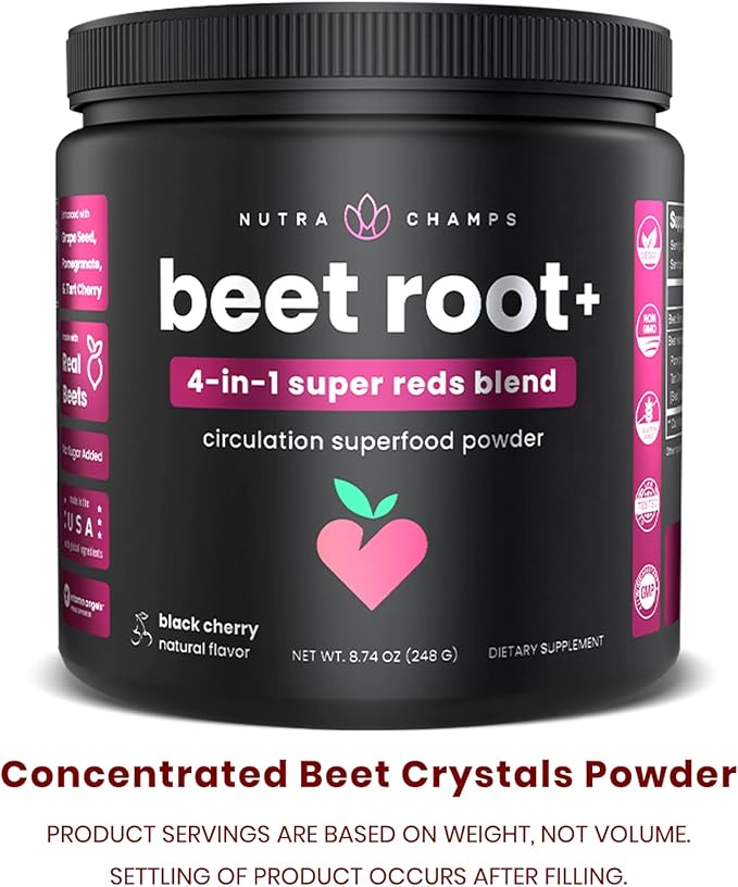NutraChamps Beet Root Powder Circulation Supplement, Superfood Powder Nitric Oxide Supplement with Beetroot Juice, Super Reds Powder & Grape Seed Extract, No Sugar Beet Supplement - 8.74 Oz