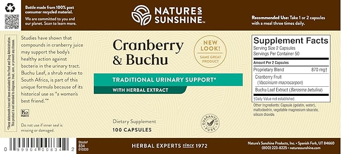 Nature's Sunshine Cranberry and Buchu Concentrate 100 Capsules