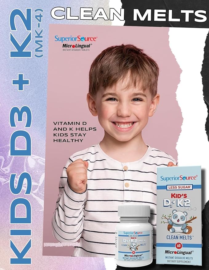 Superior Source Kid's D3 & K2 (MK-4) - Children's Multivitamin - Supports Immune System & Bone Health - Non-GMO, Preservative-Free & Dye-Free - 60 MicroLingual Instant-Dissolve Tablets