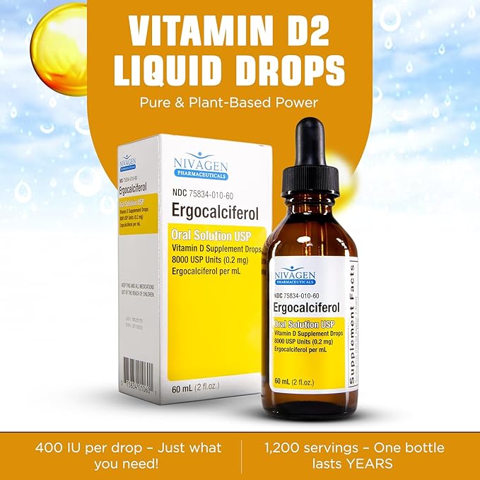 Vitamin D2 Liquid Drops as Ergocalciferol, Faster Absorption, 400iu Vitamin D2 8,000 USP, 1,200 Servings, 60ml - 2 fl.oz.