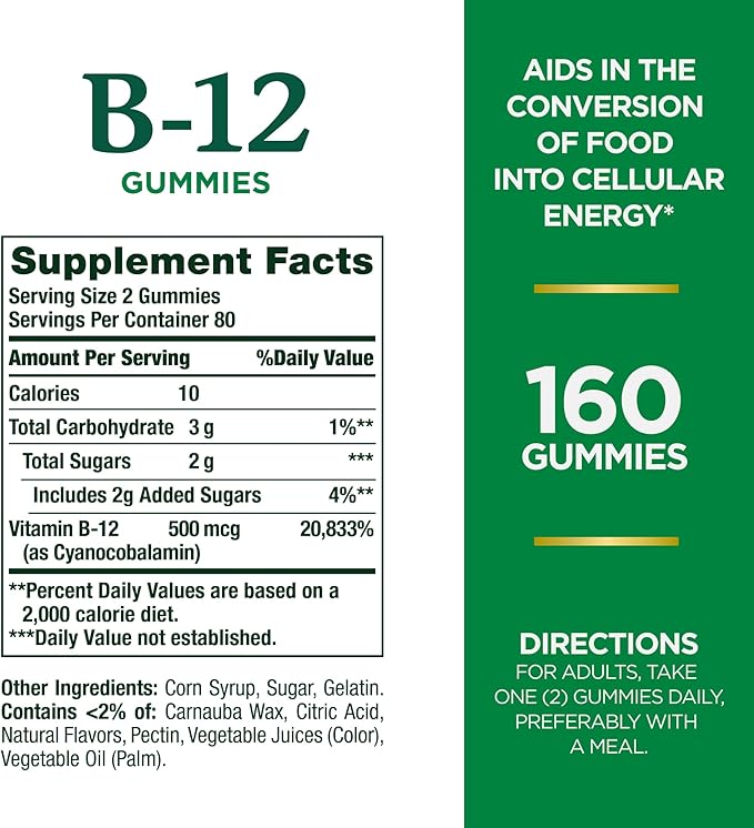 Nature's Bounty Vitamin B12 Gummies, Dietary Supplement, Supports Energy Metabolism and Nervous System Health, Mixed Berry Flavor, 500mcg, 160 Count