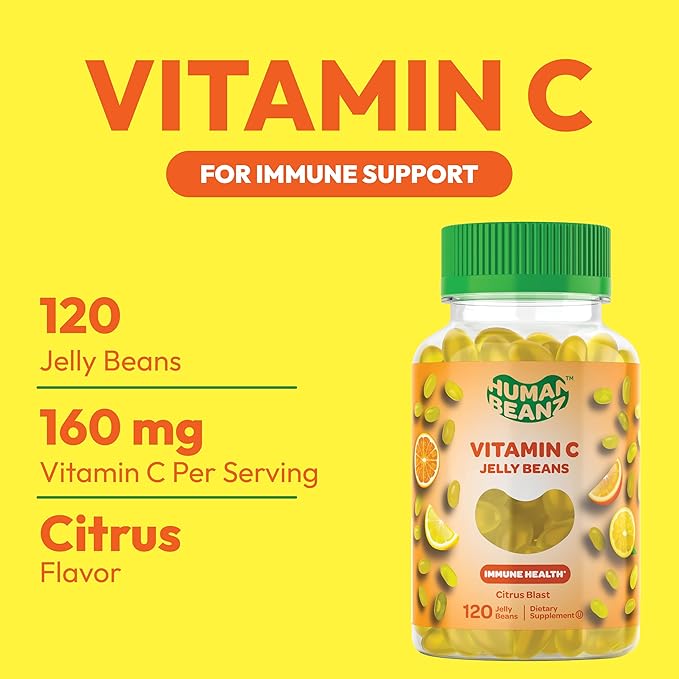 Vitamin C Jelly Bean Gummies for Adults, Immune Support Dietary Supplements, Vegetarian, 120 Citrus Blast Jelly Beans, Kosher