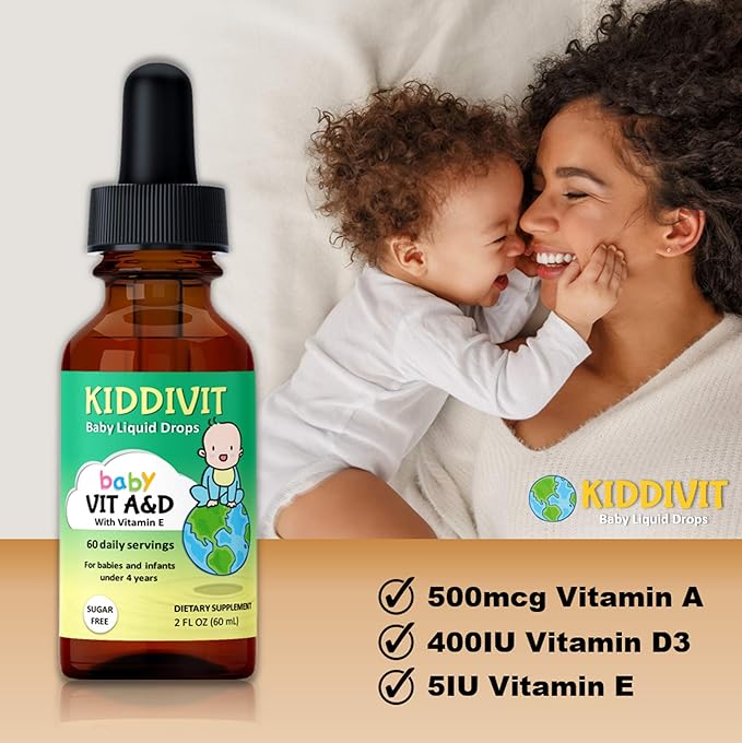 Kiddivit Baby Vitamin A&D Liquid Drops with Vitamin E - 60 Daily Servings, 2 Fl Oz (60 mL) - Dropper Included, Glass Bottle - Sugar Free, Gluten Free, Vegetarian Friendly