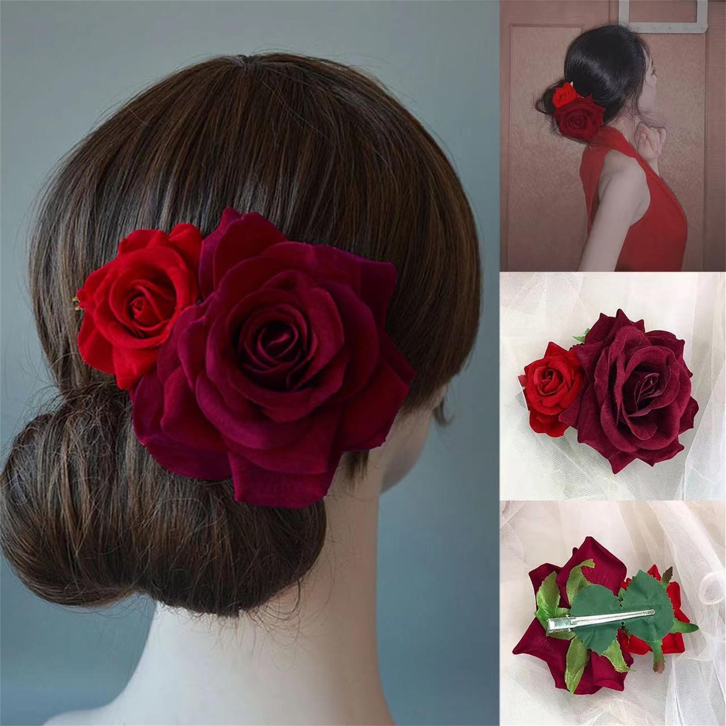 Flower Hair Combs, Rose Flower Bohemia Hairpin Bride Costume Hair Decor for Party Wedding Wine &Red