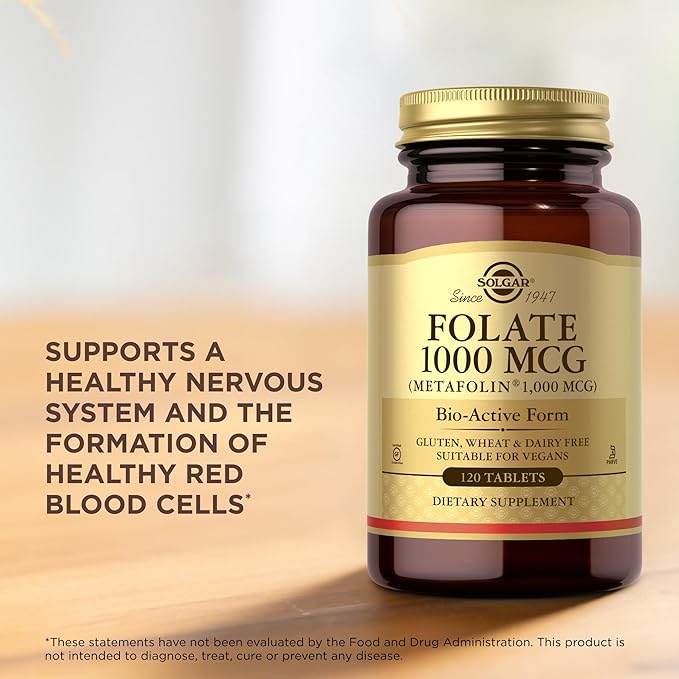 SOLGAR Folate 1000 mcg - 120 Tablets - 1000 mcg Bio-Active Metafolin - Vegan, Gluten Free, Dairy Free, Kosher - 120 Servings