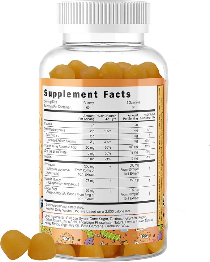 5-in-1 Kid's Immune Support Gummy, Manuka Honey, Vitamin C, Zinc, Echinacea, Ginger, Gummy Supplement, Essential Immune Support Gummies for Daily Use, Natural Citrus Flavored - 60 Count