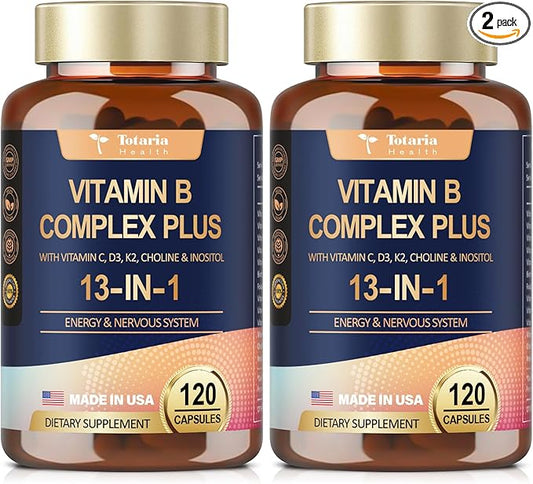 13-in-1 Vitamin B Complex Plus with Vitamin B1, B2, B3 (Niacin), B4, B5, B6, B7 (Biotin), B8 (Inositol), B9 (Folate), B12, C, D3, K2 for Energy, Nerve, Immune, Skin - 120 Caps per Bottle - 2 Bottles