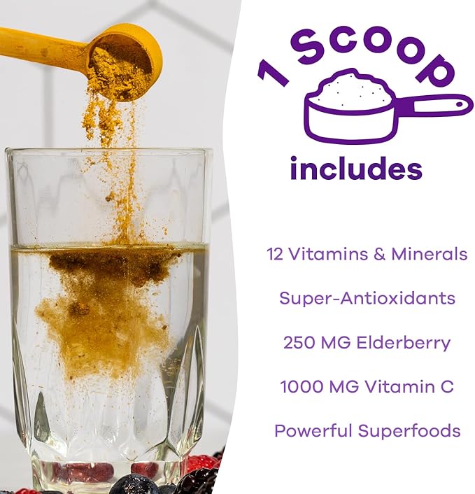 GOBIOTIX Vitamin C - Immune Defense Support Supplement - Immunity Powder Wellness Booster - Vegan Superfood - Elderberry, Turmeric, B12 Vitamin Supplement, Non-GMO and Sugar Free (Berry)