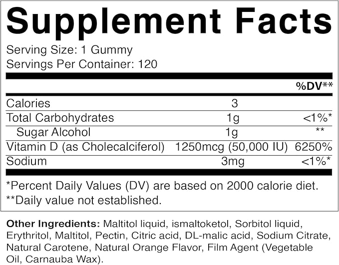 Vitamatic Sugar Free Vitamin D3 50,000 IU Weekly Supplement - 120 Pectin Based Gummies - Vitamin D Capsules for Bones, Teeth, and Immune Support (50000 IU)