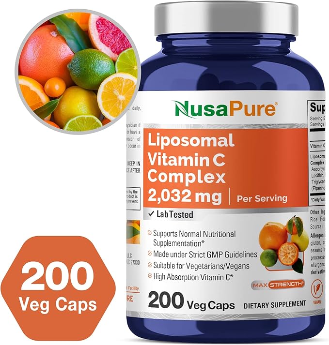 NusaPure Liposomal Vitamin C 2032mg - 200 Veggie Vegan Capsules, BioPerine - High Absorption Ascorbic Acid