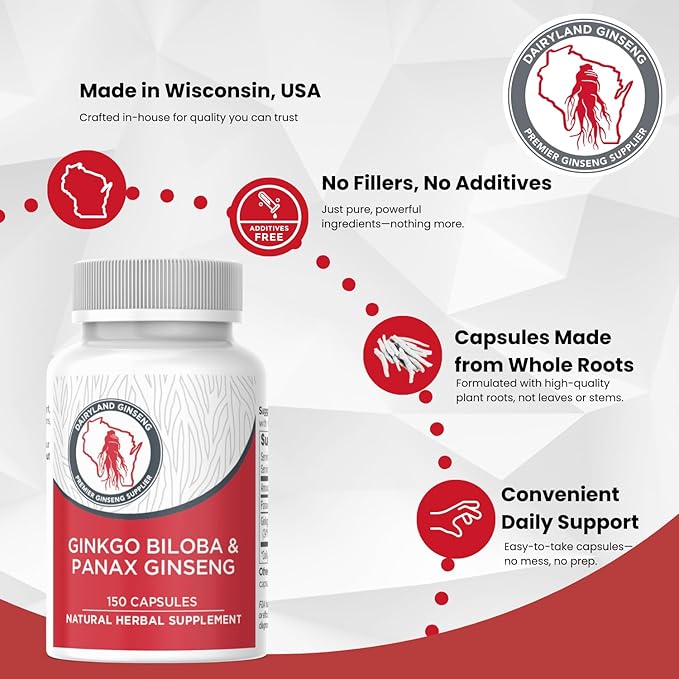 Dairyland Management Panax Ginseng + Gingko Biloba Capsules 150ct 1000 mg of Panax Ginseng, 60 mg of Gingko Biloba per Serving