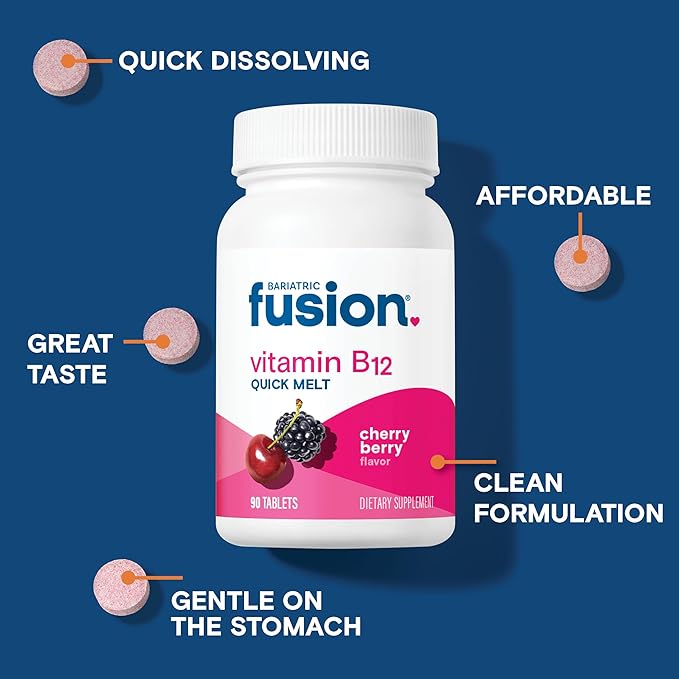Bariatric Fusion Vitamin B12 Sublingual 1000 mcg Melts | Cherry Berry Flavored | Vitamin B12 Dissolve Under Tongue Tablets with Folic Acid | Sugar Free | Methylcobalamin | 90 Count