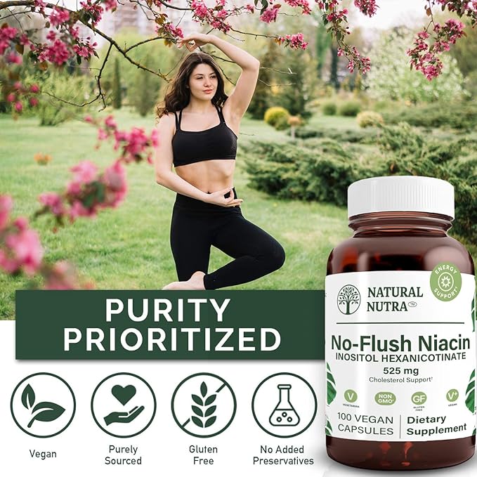 Natural Nutra No Flush Niacin, Vitamin B3 Supplement, Helps Improve Cardiovascular Health, Helps Improve Skin Texture, Promotes Better Brain Function, Helps Boost Energy Level 525 mg, 100 Capsules