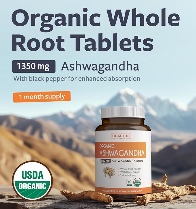 USDA Organic Ashwagandha (60 Vegetarian Tablets) 1350mg Ashwaganda Root Powder Per Serve with Black Pepper - Natural Adrenal Support, Cortisol & Thyroid Support, Immune Support (No Pills or Capsules)