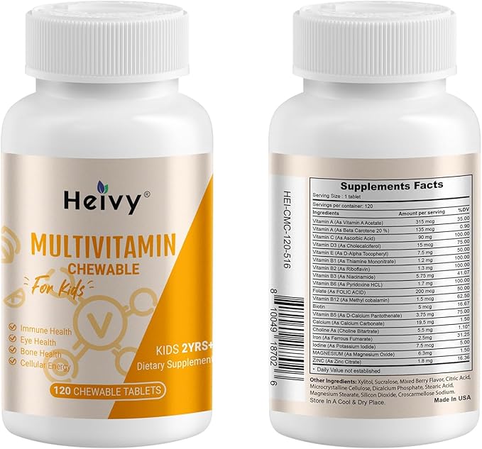 Toddlers Multivitamins, Kids Chewable Vitamin D3, C, Vitamin B12, B6, Vitamin A, E & Zinc for Immune Support and Health, 120 Chewable Tablets