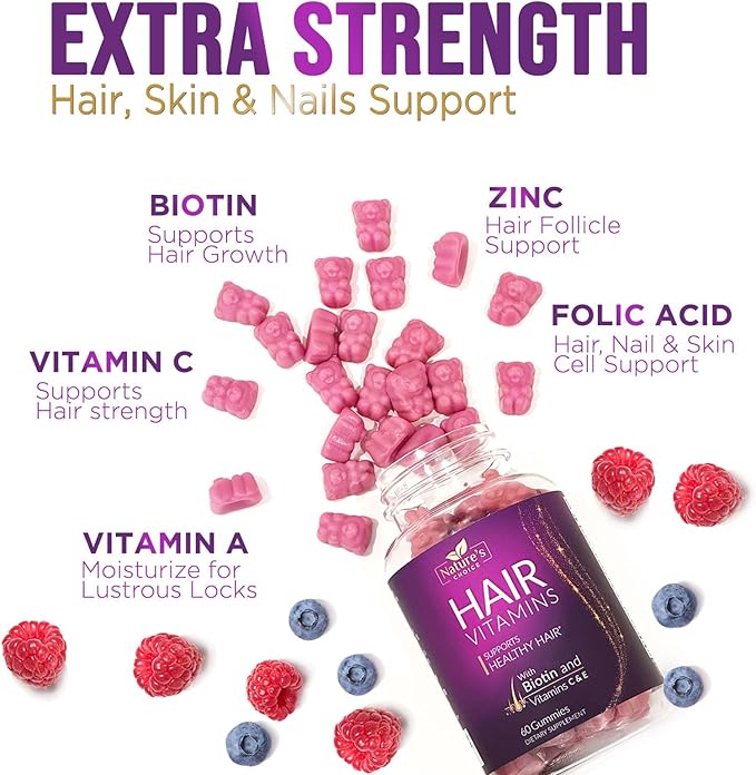 Hair Vitamins Gummies with Biotin 5000 mcg Vitamin E & C Support Hair Growth Gummy, Premium Vegetarian Non-GMO, for Stronger, Beautiful Hair, Skin & Nails, Biotin Gummies Supplement - 60 Gummy Bears